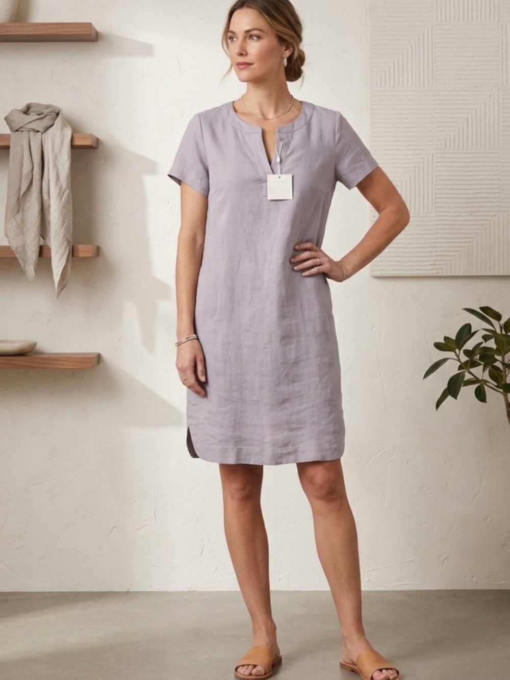Sigrid Olsen Light Gray Short-Sleeve Linen Tunic Dress NWT Sz S